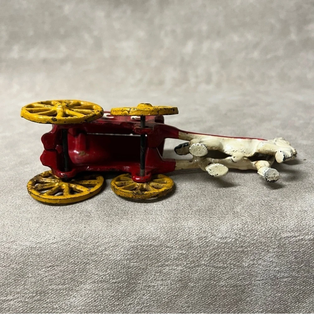 Toy Antique Cast Iron Horse Drawn Ice Wagon Red White  7.5x2x3 Inches